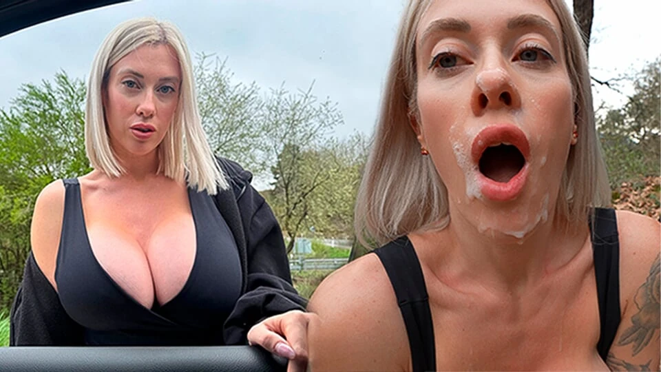 Big tits blonde hitchhiker wants me to cover her face with a big load of cum..